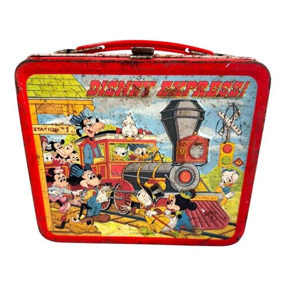 Vintage Disney Express Metal Lunchbox Train Theme Mickey Mouse Distress Red READ - Picture 6 of 16